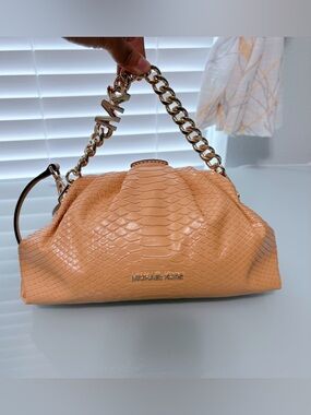 Michael Kors Creamy-Orange Textured Leather Shoulder Bag with Gold Chain